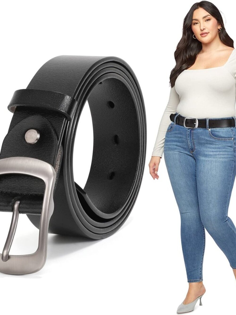 Plus Size Women Leather Belt Black Casual Waist Belt for Jeans Pants with Metal